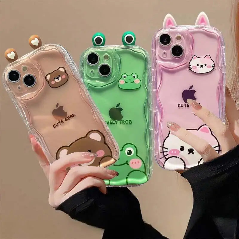 3D Cat Ears Frog Eyes Cute Shy Animal Case for Samsung Galaxy S22 Plus S23 S24 Ultra S20 FE A55 A35 A54 A53 A52 A15 A14 5G A32 Casever
