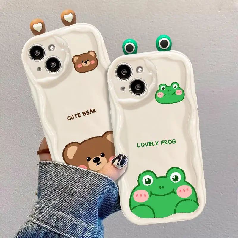 3D Cat Ears Frog Eyes Cute Shy Animal Case for Samsung Galaxy S22 Plus S23 S24 Ultra S20 FE A55 A35 A54 A53 A52 A15 A14 5G A32 Casever