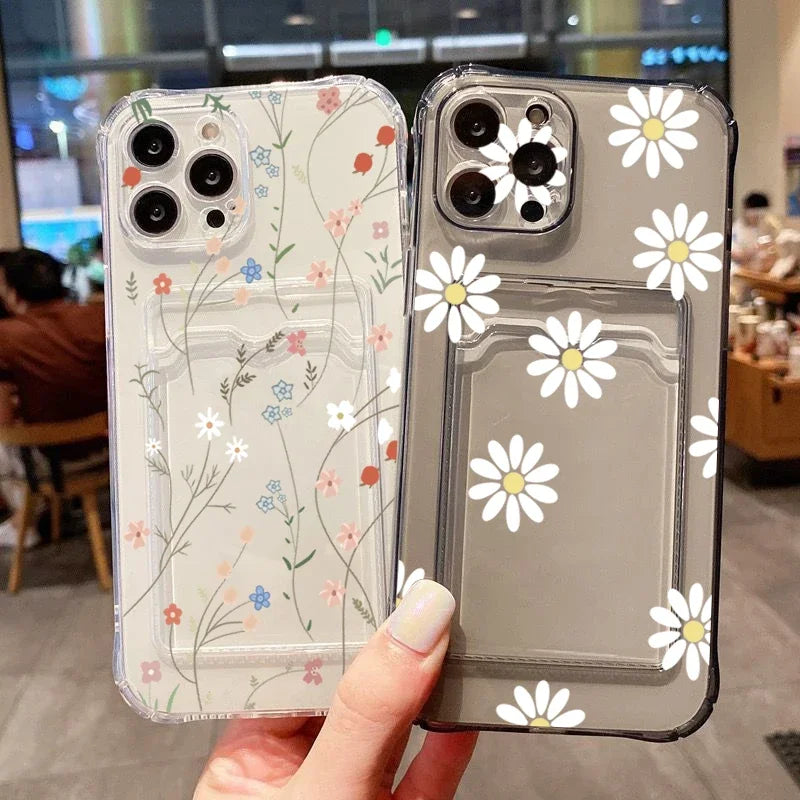 Card Holder Transparent Phone Case For iPhone 15 Pro Max 14 13 12 11 XS X XR 7 8 Plus SE 2022 Small Chrysanthemum Flowers Cover Casever