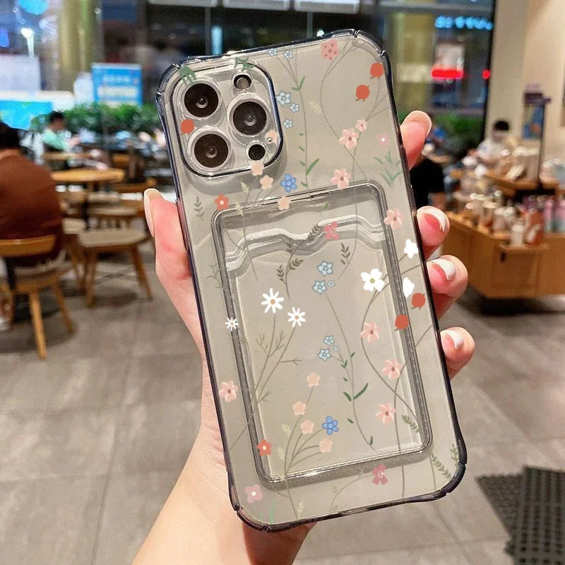 Card Holder Transparent Phone Case For iPhone 15 Pro Max 14 13 12 11 XS X XR 7 8 Plus SE 2022 Small Chrysanthemum Flowers Cover Casever