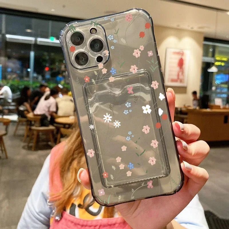 Card Holder Transparent Phone Case For iPhone 15 Pro Max 14 13 12 11 XS X XR 7 8 Plus SE 2022 Small Chrysanthemum Flowers Cover Casever
