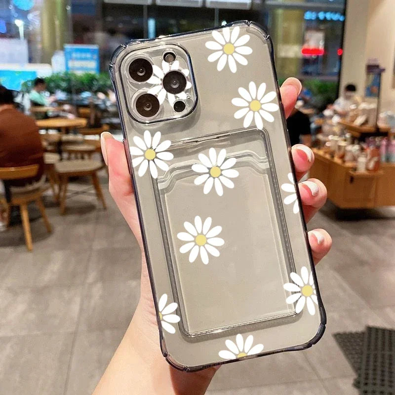 Card Holder Transparent Phone Case For iPhone 15 Pro Max 14 13 12 11 XS X XR 7 8 Plus SE 2022 Small Chrysanthemum Flowers Cover Casever