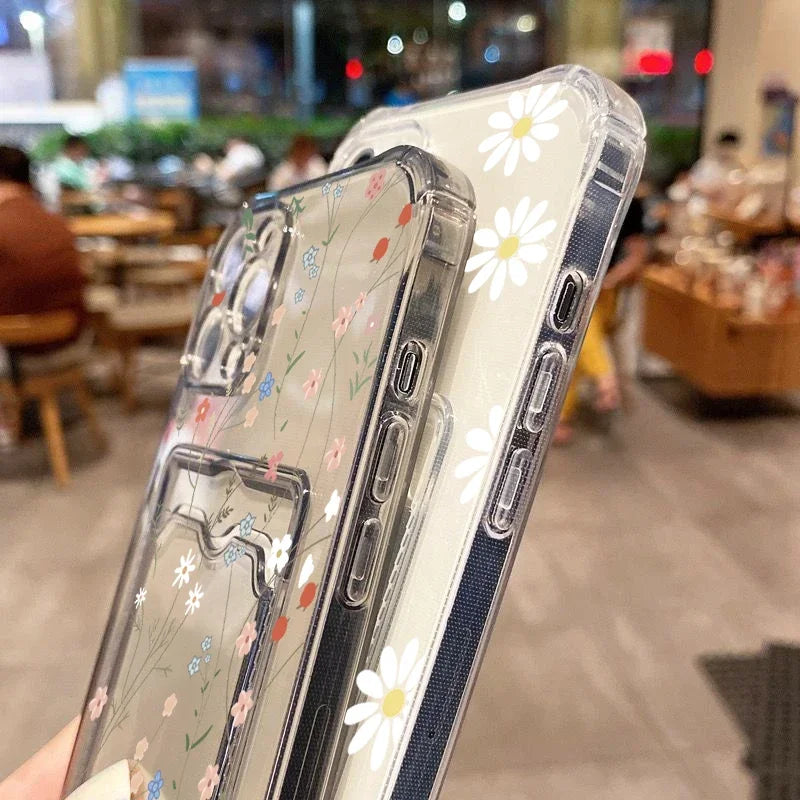 Card Holder Transparent Phone Case For iPhone 15 Pro Max 14 13 12 11 XS X XR 7 8 Plus SE 2022 Small Chrysanthemum Flowers Cover Casever