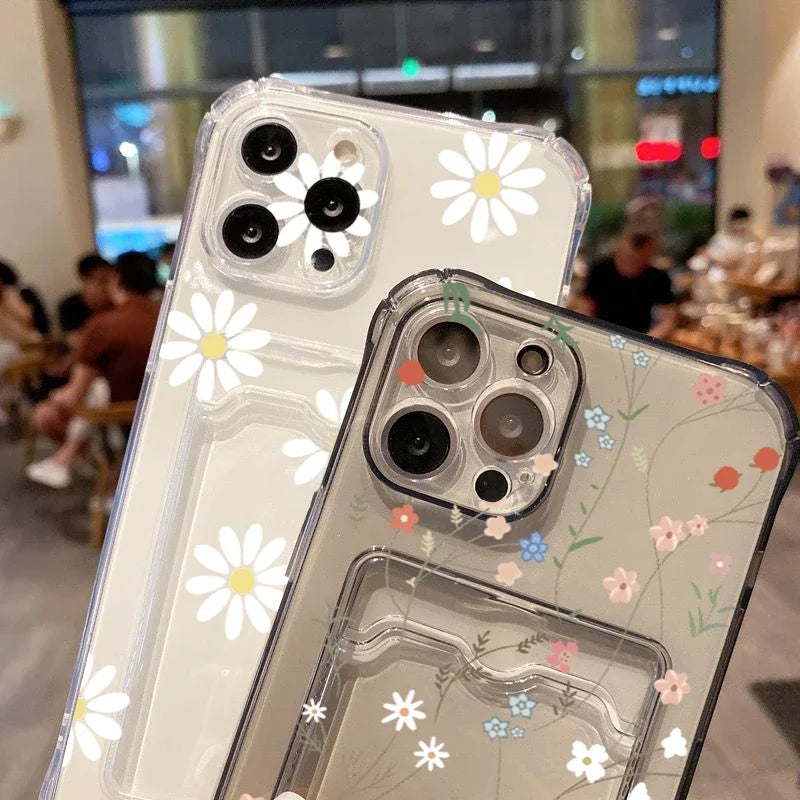 Card Holder Transparent Phone Case For iPhone 15 Pro Max 14 13 12 11 XS X XR 7 8 Plus SE 2022 Small Chrysanthemum Flowers Cover Casever