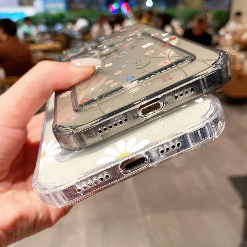 Card Holder Transparent Phone Case For iPhone 15 Pro Max 14 13 12 11 XS X XR 7 8 Plus SE 2022 Small Chrysanthemum Flowers Cover Casever