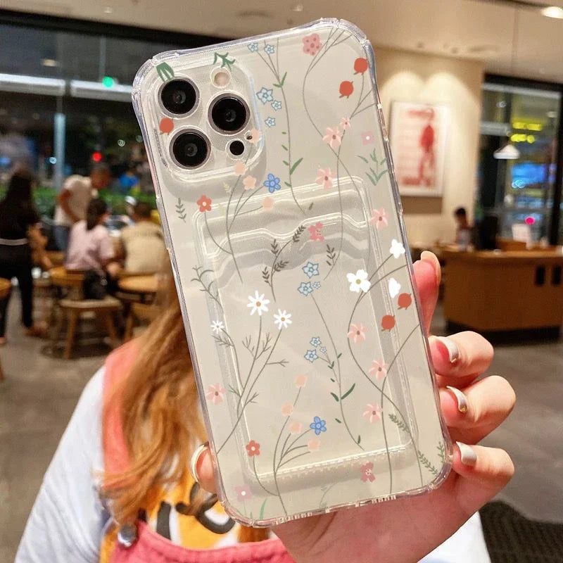 Card Holder Transparent Phone Case For iPhone 15 Pro Max 14 13 12 11 XS X XR 7 8 Plus SE 2022 Small Chrysanthemum Flowers Cover Casever