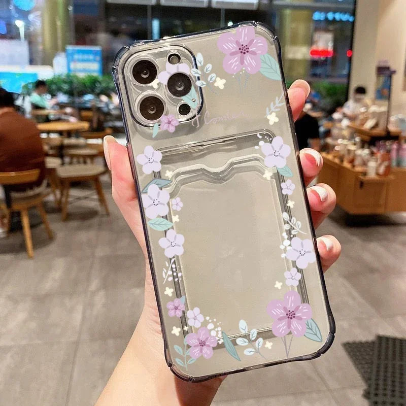 Card Holder Transparent Phone Case For iPhone 15 Pro Max 14 13 12 11 XS X XR 7 8 Plus SE 2022 Small Chrysanthemum Flowers Cover Casever