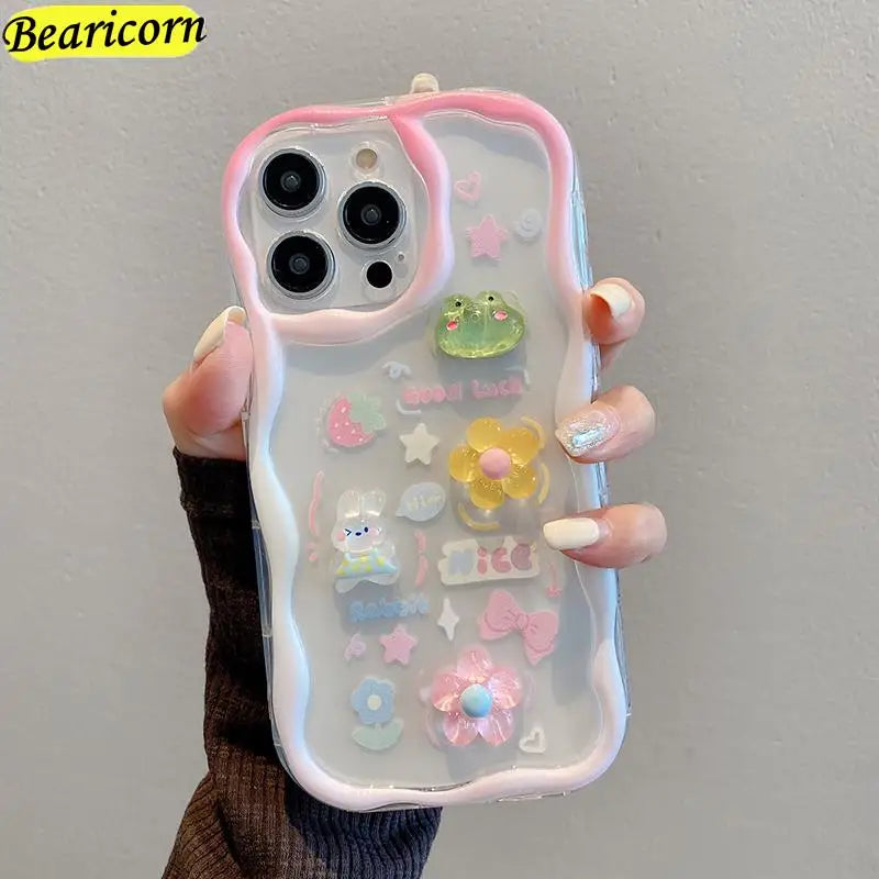 Curly Wave Edge Cream Rabbit Phone Case For Samsung Galaxy A50 A51 A52s A53 A54 A71 A72 A73 M32 M22 M54 F54 5G Wrist Strap Cover Casever