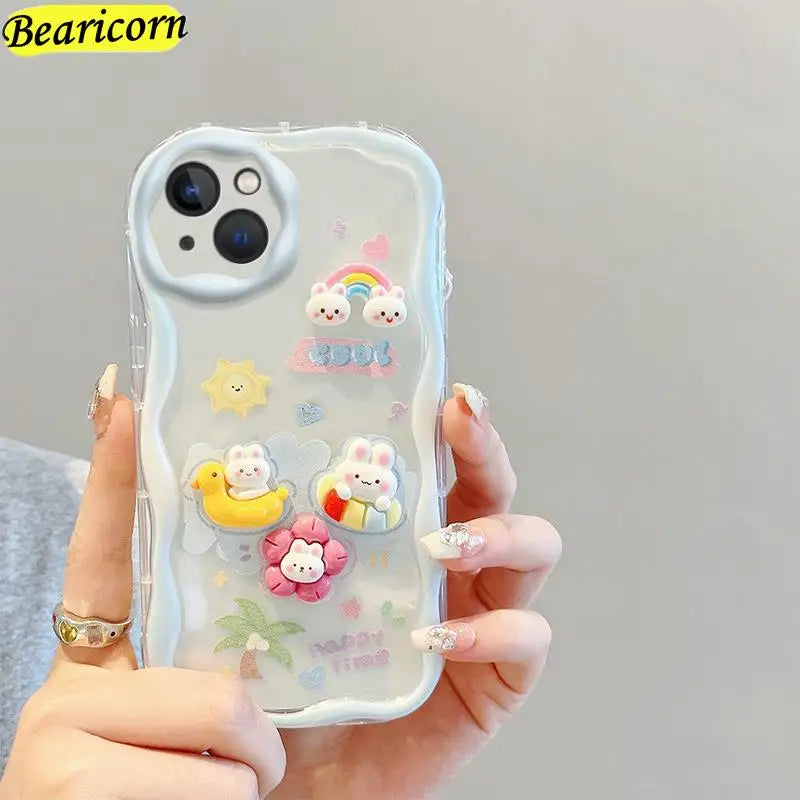 Curly Wave Edge Cream Rabbit Phone Case For Samsung Galaxy A50 A51 A52s A53 A54 A71 A72 A73 M32 M22 M54 F54 5G Wrist Strap Cover Casever