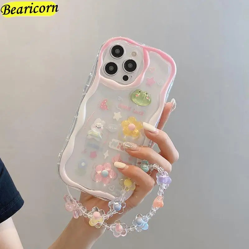 Curly Wave Edge Cream Rabbit Phone Case For Samsung Galaxy A50 A51 A52s A53 A54 A71 A72 A73 M32 M22 M54 F54 5G Wrist Strap Cover Casever