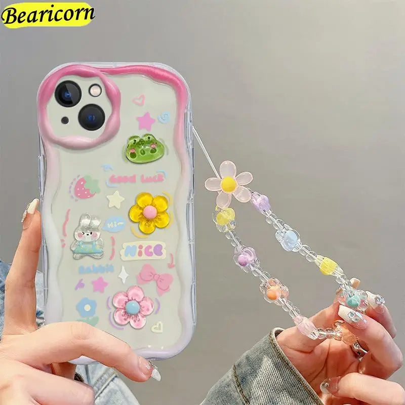 Curly Wave Edge Cream Rabbit Phone Case For Samsung Galaxy A50 A51 A52s A53 A54 A71 A72 A73 M32 M22 M54 F54 5G Wrist Strap Cover Casever