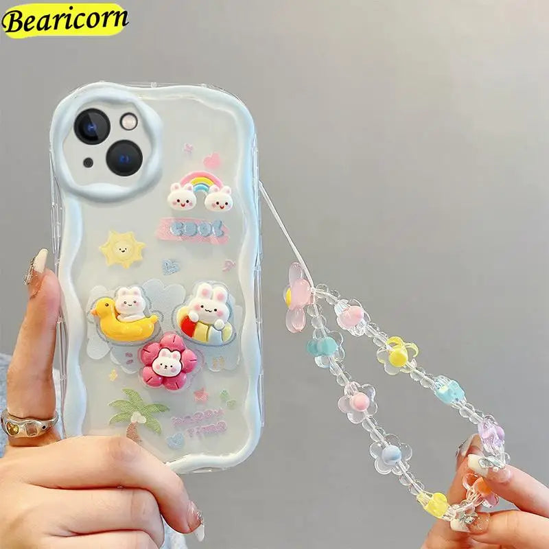 Curly Wave Edge Cream Rabbit Phone Case For Samsung Galaxy A50 A51 A52s A53 A54 A71 A72 A73 M32 M22 M54 F54 5G Wrist Strap Cover Casever