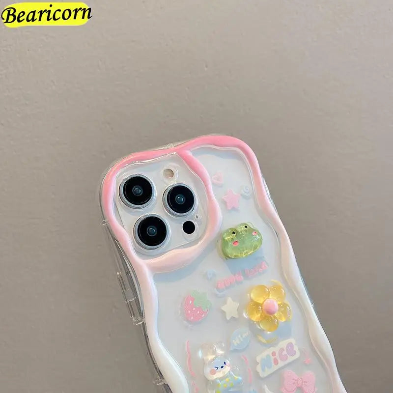 Curly Wave Edge Cream Rabbit Phone Case For Samsung Galaxy A50 A51 A52s A53 A54 A71 A72 A73 M32 M22 M54 F54 5G Wrist Strap Cover Casever