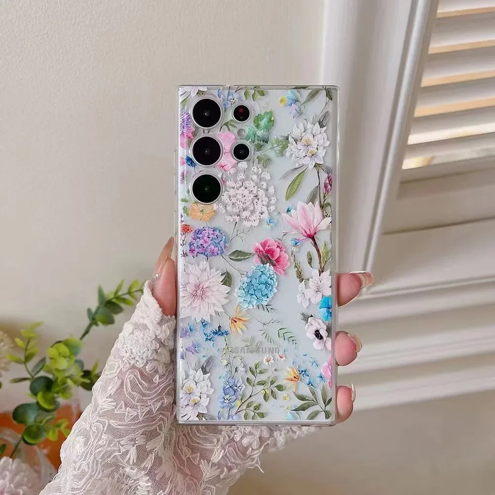 Cute Flower Painted Phone Case for Samsung S24 S22 S21 S20 FE Ultra Clear Silicone Cases for Samsung Galaxy S23 Plus Ultra Shell Casever