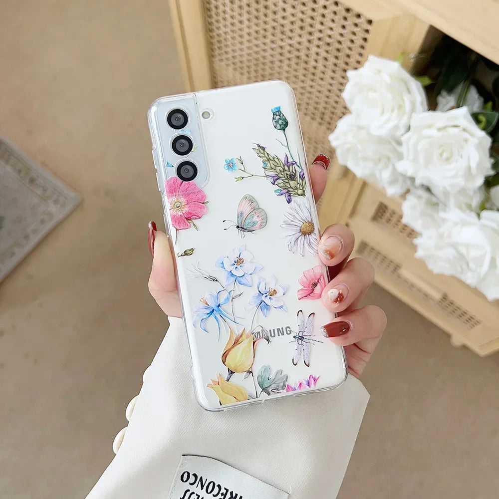 Cute Flower Painted Phone Case for Samsung S24 S22 S21 S20 FE Ultra Clear Silicone Cases for Samsung Galaxy S23 Plus Ultra Shell Casever