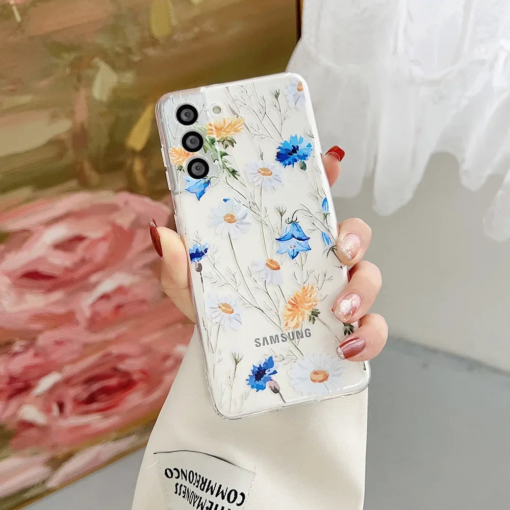 Cute Flower Painted Phone Case for Samsung S24 S22 S21 S20 FE Ultra Clear Silicone Cases for Samsung Galaxy S23 Plus Ultra Shell Casever