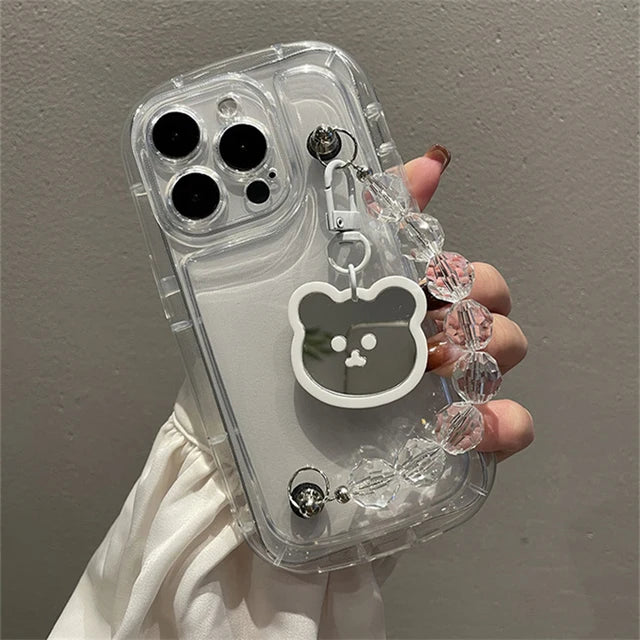 Cute Whtie Bear Pendant Rhombus Bead Bracelet Clear Soft Case For IPhone15 14 12 11 13 Pro Max XS XR Shockproof Protective Cover Casever