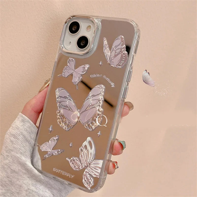 Cute Y2K Purple Butterfly Makeup Mirror Phone Case For iPhone 16 15 14 13 12 11 Pro Max XR XS Max 7 8 Plus SE 2 3 Ins Pink Cover Casever