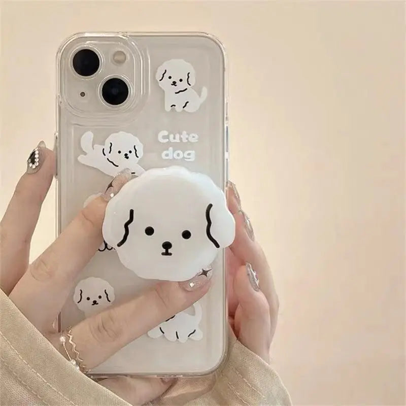 For Samsung A04 A14 A24 A34 A54 A13 A23 A33 A53 A52 A32 A05 A15 A25 A35 A55 A06 A16 Cute Dog Grip Holder Transparent Phone Case Casever