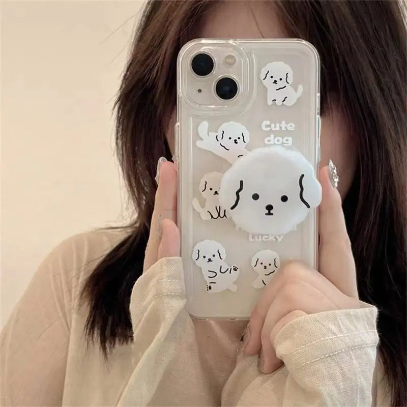 For Samsung A04 A14 A24 A34 A54 A13 A23 A33 A53 A52 A32 A05 A15 A25 A35 A55 A06 A16 Cute Dog Grip Holder Transparent Phone Case Casever