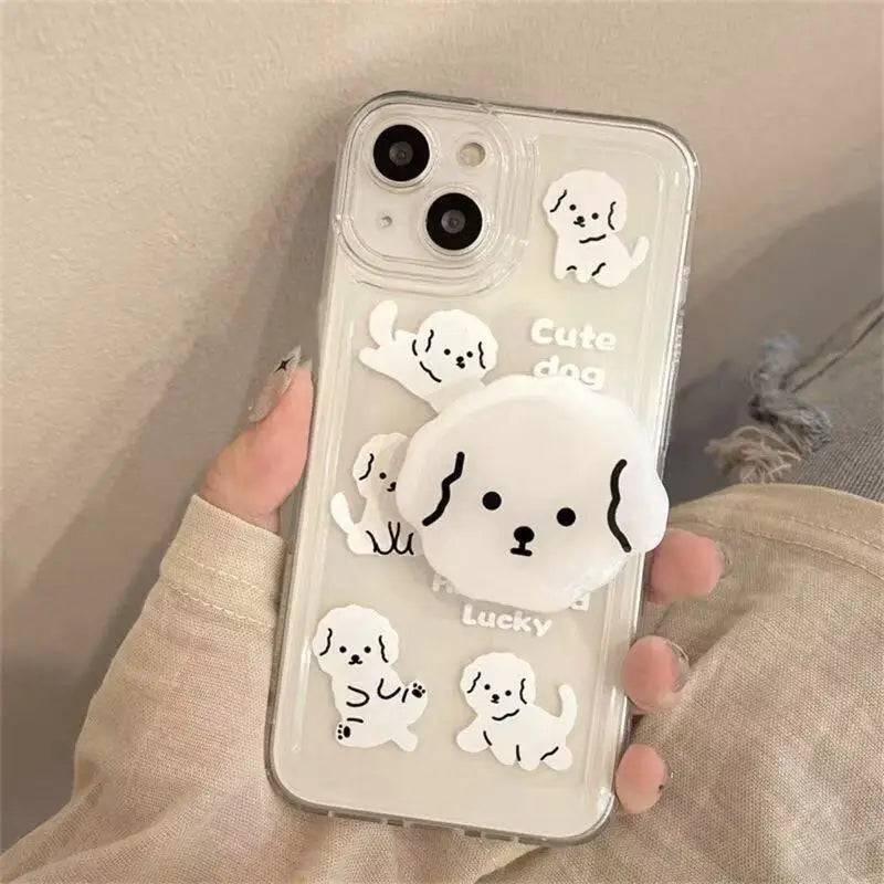 For Samsung A04 A14 A24 A34 A54 A13 A23 A33 A53 A52 A32 A05 A15 A25 A35 A55 A06 A16 Cute Dog Grip Holder Transparent Phone Case Casever