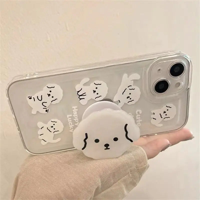 For Samsung A04 A14 A24 A34 A54 A13 A23 A33 A53 A52 A32 A05 A15 A25 A35 A55 A06 A16 Cute Dog Grip Holder Transparent Phone Case Casever