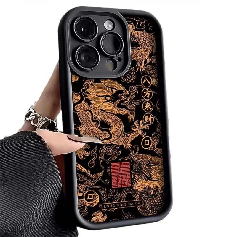 Niche National Tide Golden Auspicious Dragon Phone Case For iPhone 15 14 13 12 11 X XR XS SE2 SE 8 7 Plus Pro Max Mini Si Casever