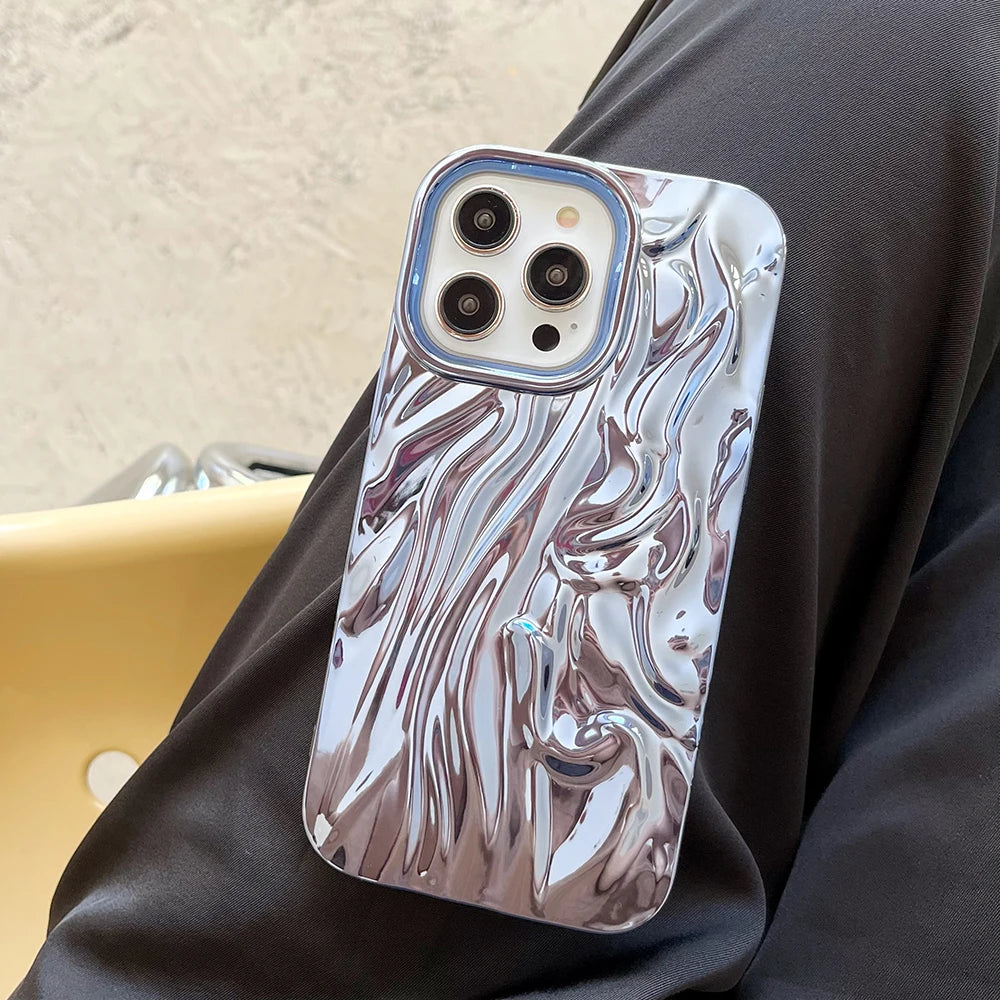 Qianliyao 3D Electroplated Pleated Pattern Silver Phone Case For iPhone 16 15 14 13 12 11 Pro Max 14promax Soft Shockproof Cover Casever
