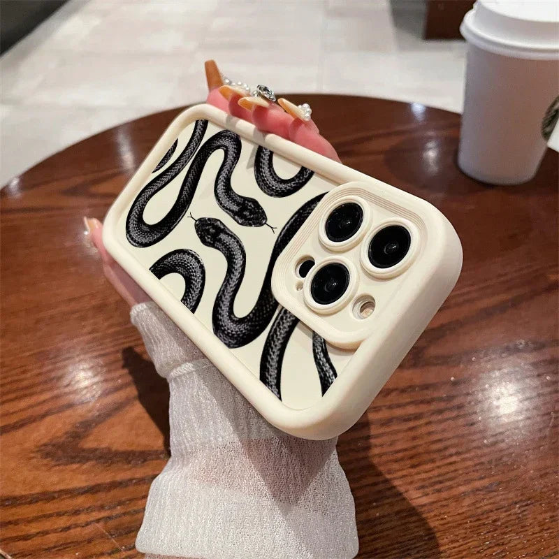 Soft Cute Doodle Funny Snake Case for iPhone 16 15 Pro Max 11 12 13 14 15 Pro XS XR7 8 Plus Screen Protector Casing Casever