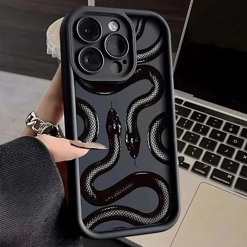 Soft Cute Doodle Funny Snake Case for iPhone 16 15 Pro Max 11 12 13 14 15 Pro XS XR7 8 Plus Screen Protector Casing Casever