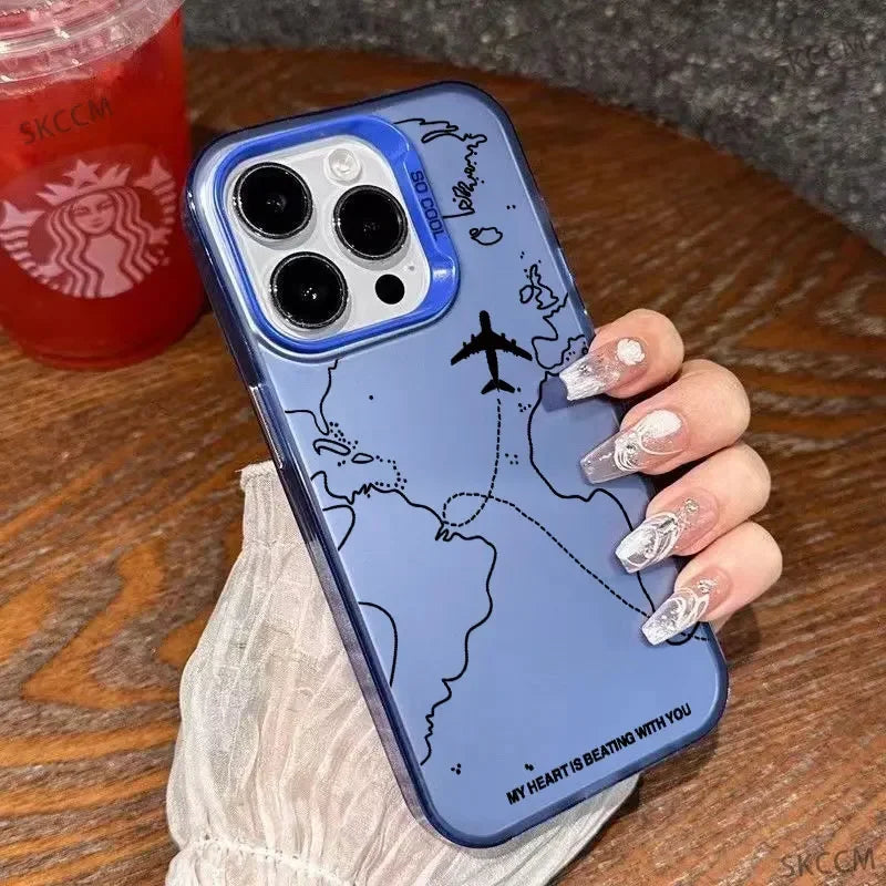 Travel-Inspired Airplane Route Design Plating Case for iPhone 16 15 Pro Max 14 13 12 11 XS X XR 7 8 Plus Matte Hard Back Cover Casever