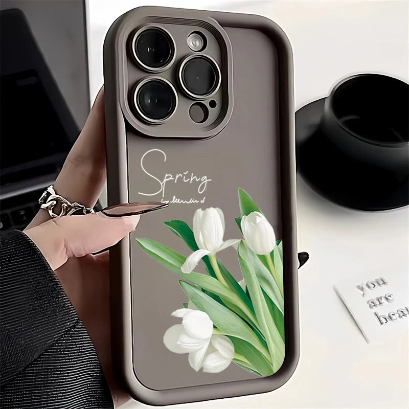 Tulip Flower Silicone Phone Case For iPhone 16 11 12 13 14 15 Pro Max X XS 7 8 Plus SE 2020 Shockproof Bumper Candy Cover Fundas Casever
