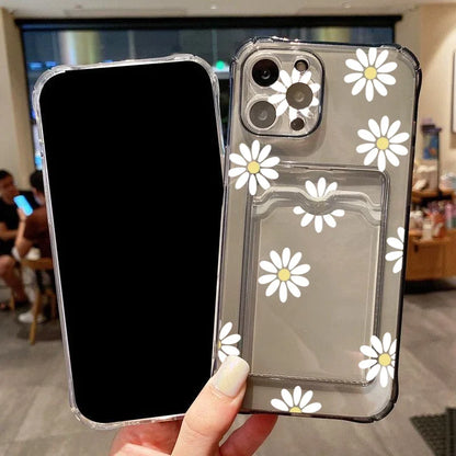 Card Holder Transparent Phone Case For iPhone 15 Pro Max 14 13 12 11 XS X XR 7 8 Plus SE 2022 Small Chrysanthemum Flowers Cover  Casever