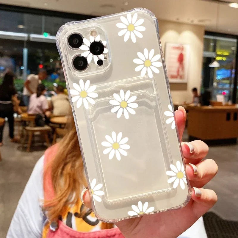 Card Holder Transparent Phone Case For iPhone 15 Pro Max 14 13 12 11 XS X XR 7 8 Plus SE 2022 Small Chrysanthemum Flowers Cover  Casever