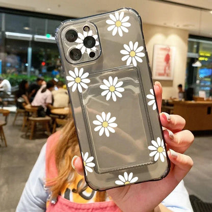 Card Holder Transparent Phone Case For iPhone 15 Pro Max 14 13 12 11 XS X XR 7 8 Plus SE 2022 Small Chrysanthemum Flowers Cover  Casever