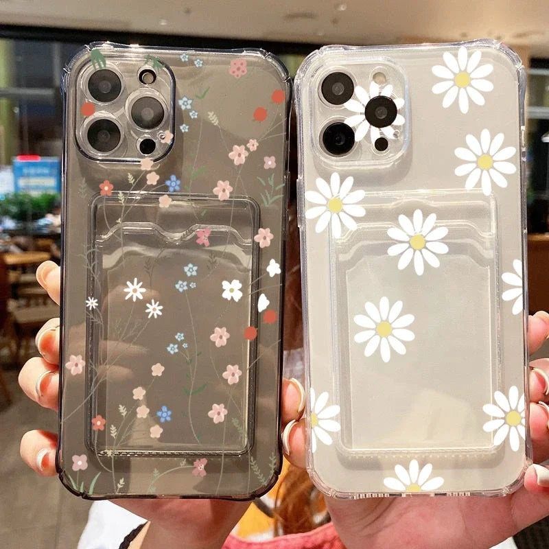 Card Holder Transparent Phone Case For iPhone 15 Pro Max 14 13 12 11 XS X XR 7 8 Plus SE 2022 Small Chrysanthemum Flowers Cover  Casever