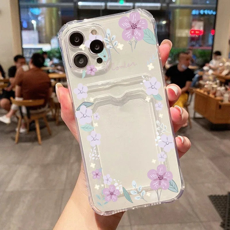 Card Holder Transparent Phone Case For iPhone 15 Pro Max 14 13 12 11 XS X XR 7 8 Plus SE 2022 Small Chrysanthemum Flowers Cover  Casever