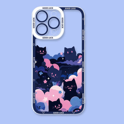 Cartoon Starry Sky Black Cat Phone Case For iPhone 15 14 Pro Max 13 12 Mini 11 Pro XR XS X 8 7 6 6S Plus SE 2020 Silicone Cover  Casever