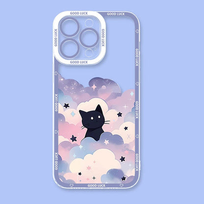 Cartoon Starry Sky Black Cat Phone Case For iPhone 15 14 Pro Max 13 12 Mini 11 Pro XR XS X 8 7 6 6S Plus SE 2020 Silicone Cover  Casever