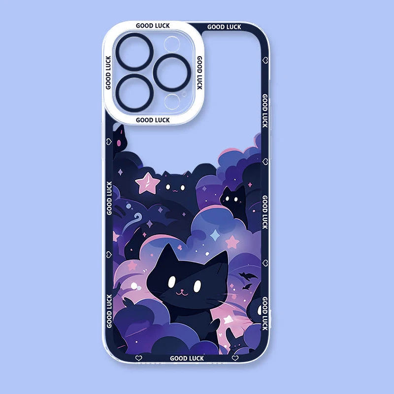 Cartoon Starry Sky Black Cat Phone Case For iPhone 15 14 Pro Max 13 12 Mini 11 Pro XR XS X 8 7 6 6S Plus SE 2020 Silicone Cover  Casever