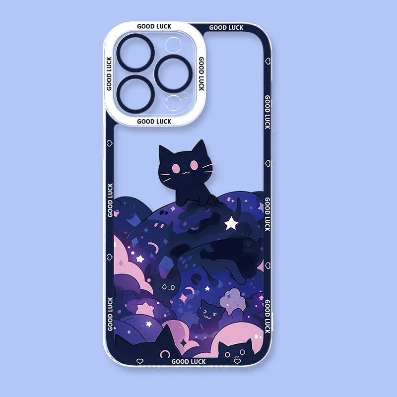 Cartoon Starry Sky Black Cat Phone Case For iPhone 15 14 Pro Max 13 12 Mini 11 Pro XR XS X 8 7 6 6S Plus SE 2020 Silicone Cover  Casever