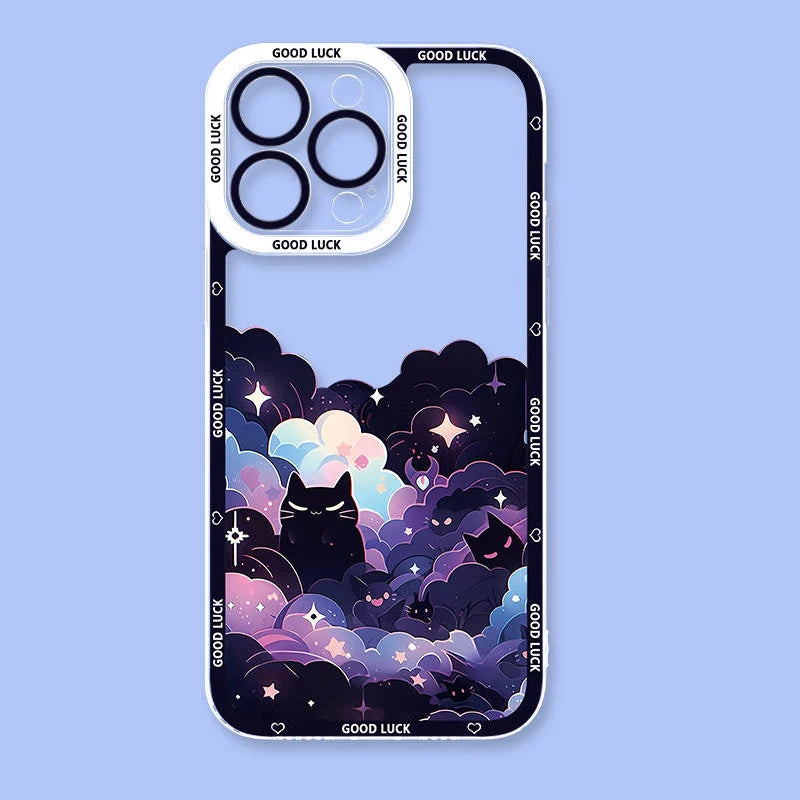 Cartoon Starry Sky Black Cat Phone Case For iPhone 15 14 Pro Max 13 12 Mini 11 Pro XR XS X 8 7 6 6S Plus SE 2020 Silicone Cover  Casever