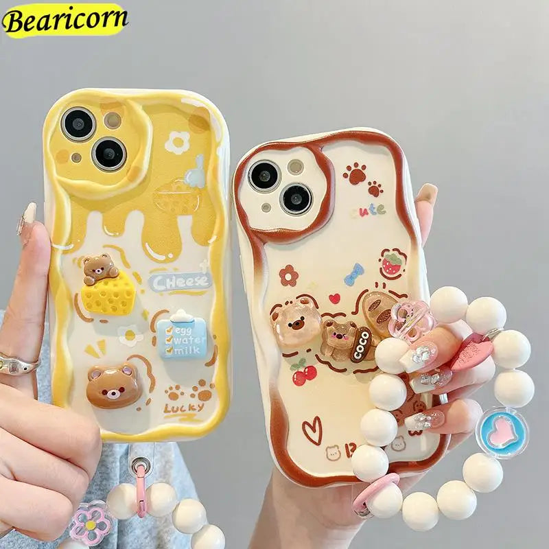 Curly Wave Edge Cream Rabbit Phone Case For Samsung Galaxy A50 A51 A52s A53 A54 A71 A72 A73 M32 M22 M54 F54 5G Wrist Strap Cover  Casever