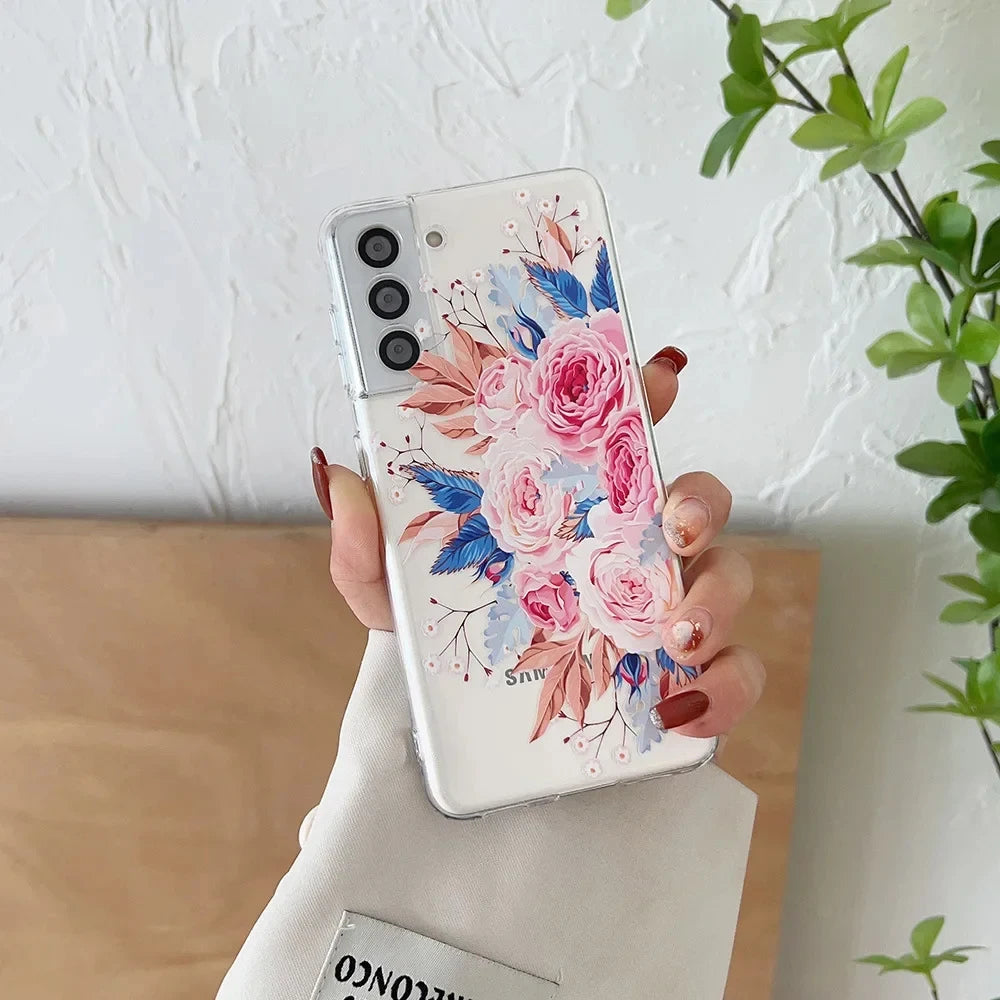 Cute Flower Painted Phone Case for Samsung S24 S22 S21 S20 FE Ultra Clear Silicone Cases for Samsung Galaxy S23 Plus Ultra Shell  Casever