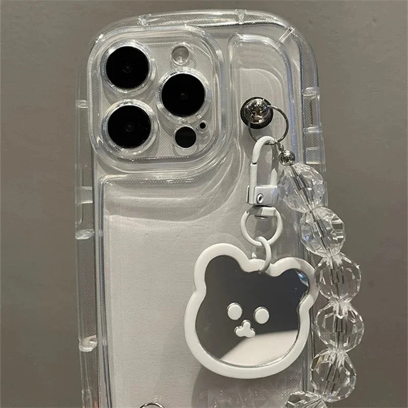 Cute Whtie Bear Pendant Rhombus Bead Bracelet Clear Soft Case For IPhone15 14 12 11 13 Pro Max XS XR Shockproof Protective Cover  Casever