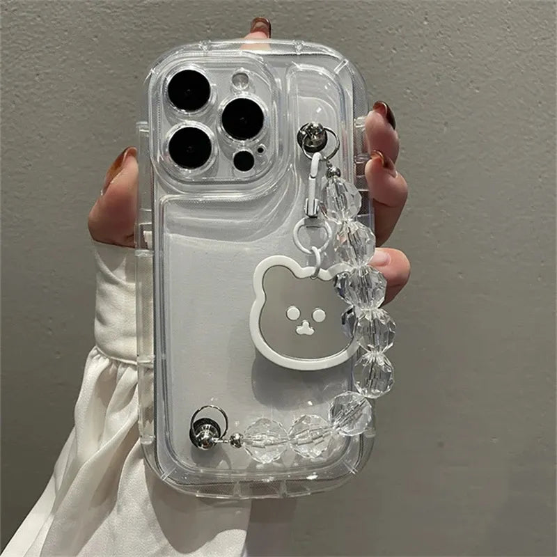 Cute Whtie Bear Pendant Rhombus Bead Bracelet Clear Soft Case For IPhone15 14 12 11 13 Pro Max XS XR Shockproof Protective Cover  Casever