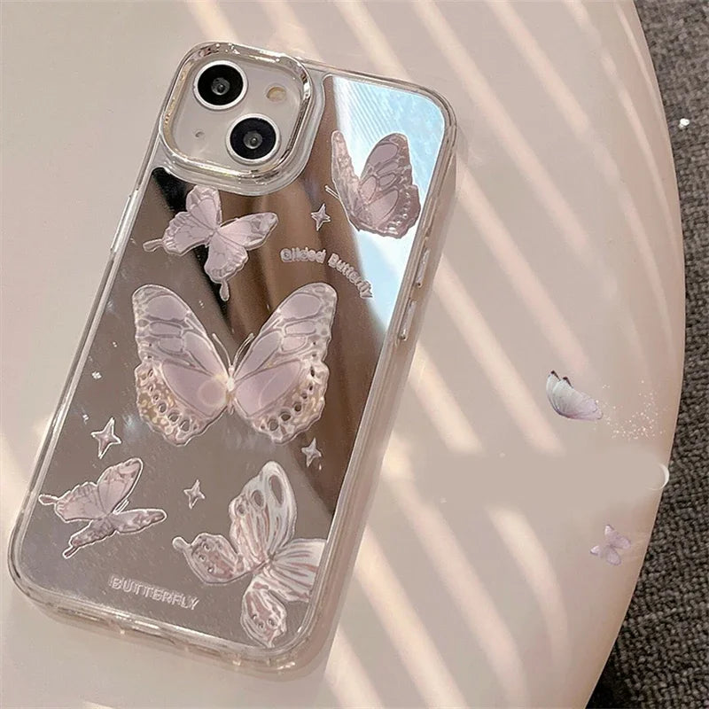 Cute Y2K Purple Butterfly Makeup Mirror Phone Case For iPhone 16 15 14 13 12 11 Pro Max XR XS Max 7 8 Plus SE 2 3 Ins Pink Cover  Casever