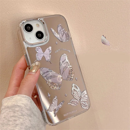 Cute Y2K Purple Butterfly Makeup Mirror Phone Case For iPhone 16 15 14 13 12 11 Pro Max XR XS Max 7 8 Plus SE 2 3 Ins Pink Cover  Casever