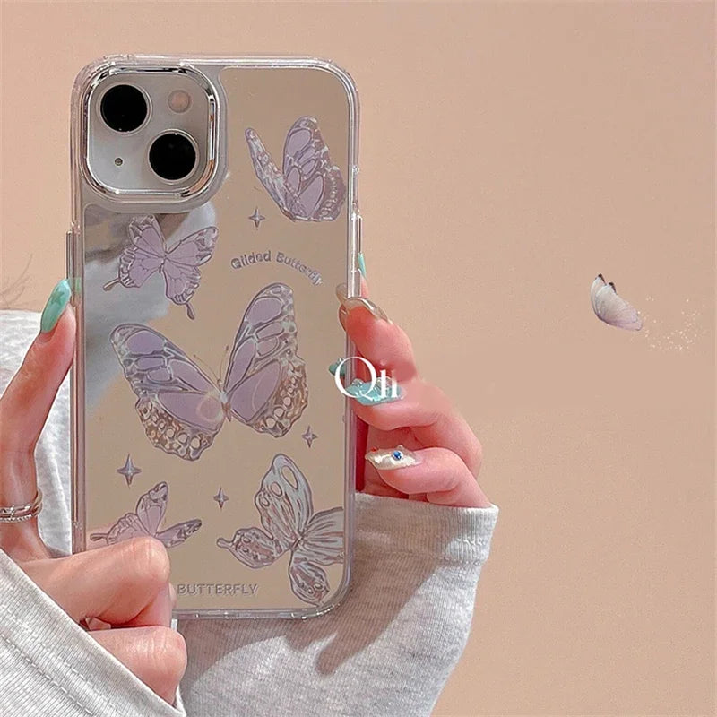 Cute Y2K Purple Butterfly Makeup Mirror Phone Case For iPhone 16 15 14 13 12 11 Pro Max XR XS Max 7 8 Plus SE 2 3 Ins Pink Cover  Casever