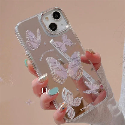 Cute Y2K Purple Butterfly Makeup Mirror Phone Case For iPhone 16 15 14 13 12 11 Pro Max XR XS Max 7 8 Plus SE 2 3 Ins Pink Cover  Casever